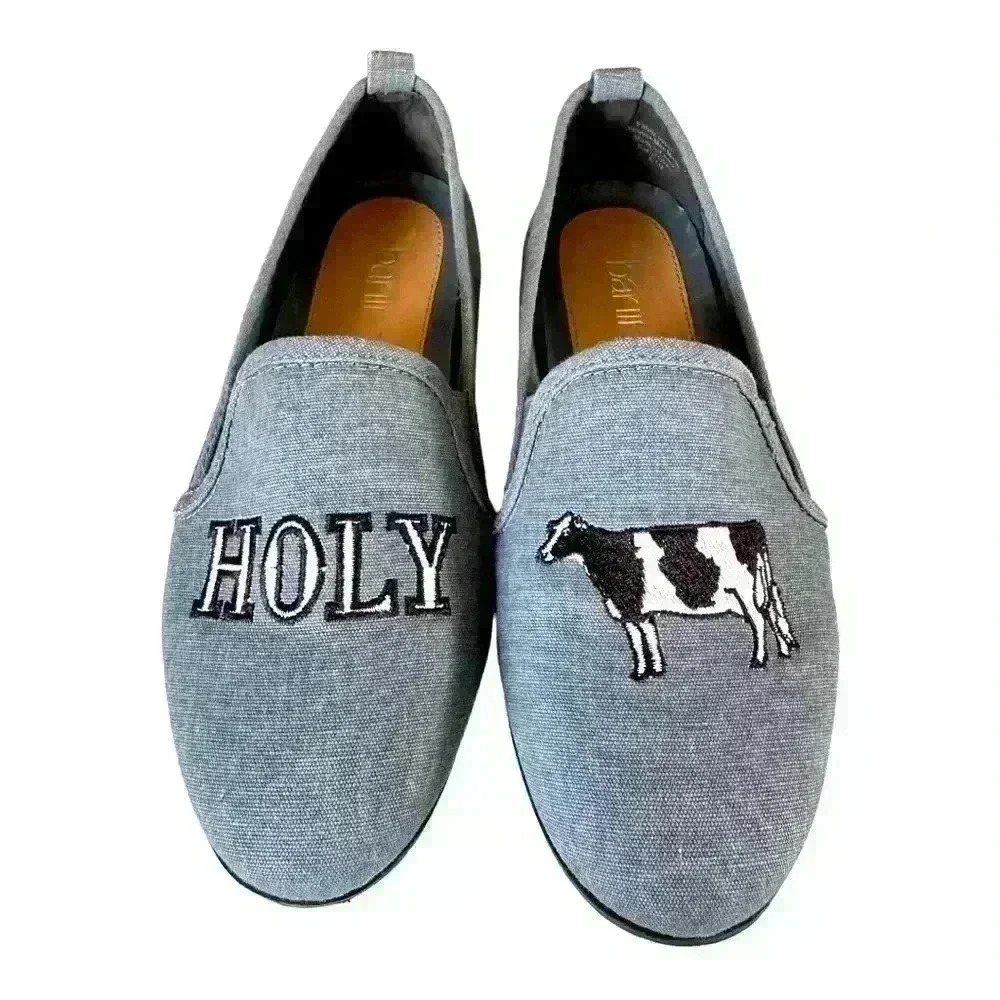 Bar III Holy Cow Embroidered Slip On Blue Flats Size 6.5